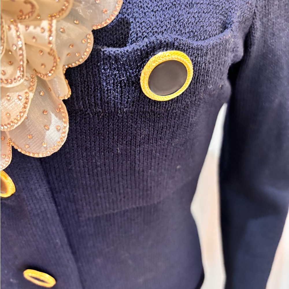 Elegant Navy Longline dress sweater buttoned gold blue M pencil - Picture 5 of 5